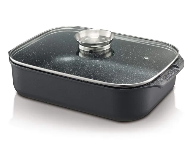 Beka Plat à Four Fonte Alu 39 cm Noir Couvercle Verre