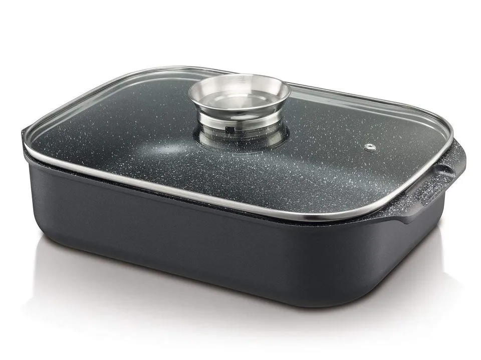 Beka Plat à Four Fonte Alu 39 cm Noir Couvercle Verre